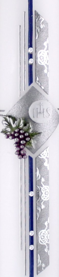 Kommunionkerze Junge, geprägte Silberplatte, Trauben, blau