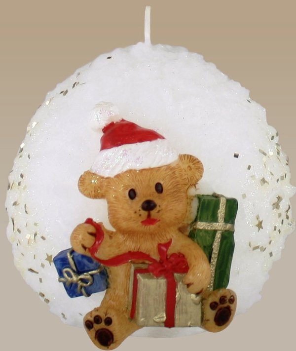Weihnachtskerze Schneeball mit Bär und Geschenkern
